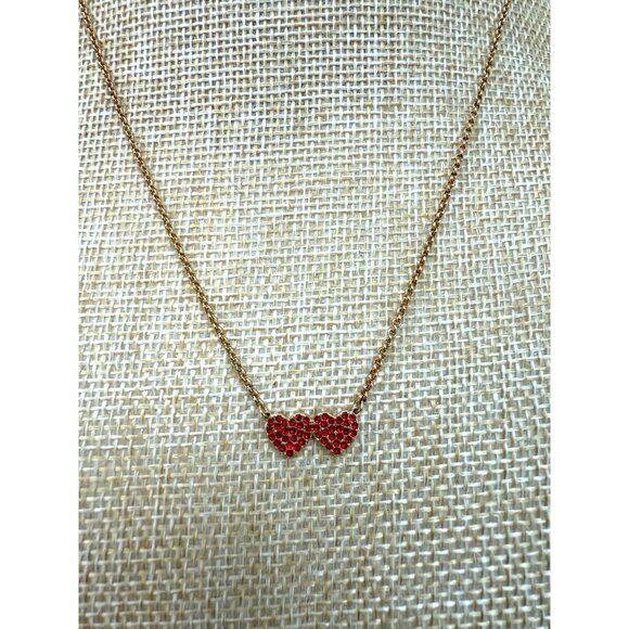 Kate Spade Gold Chain Necklace With Red Crystal Double Heart Pendant - Picture 1 of 10